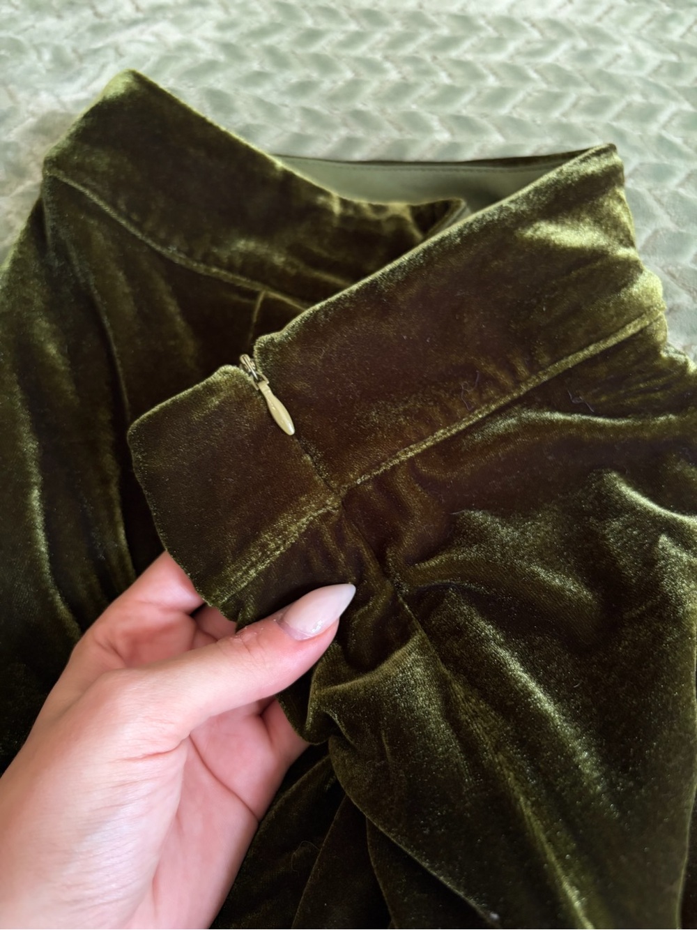 Velvet Maxi Skirt with Lace Hem - Olive - Picture 4 of 4